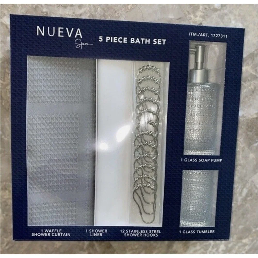 Nueva Spa 5 Pcs Bath Set Meriden Grey Shower Curtains Hooks Liner Pump Tumbler